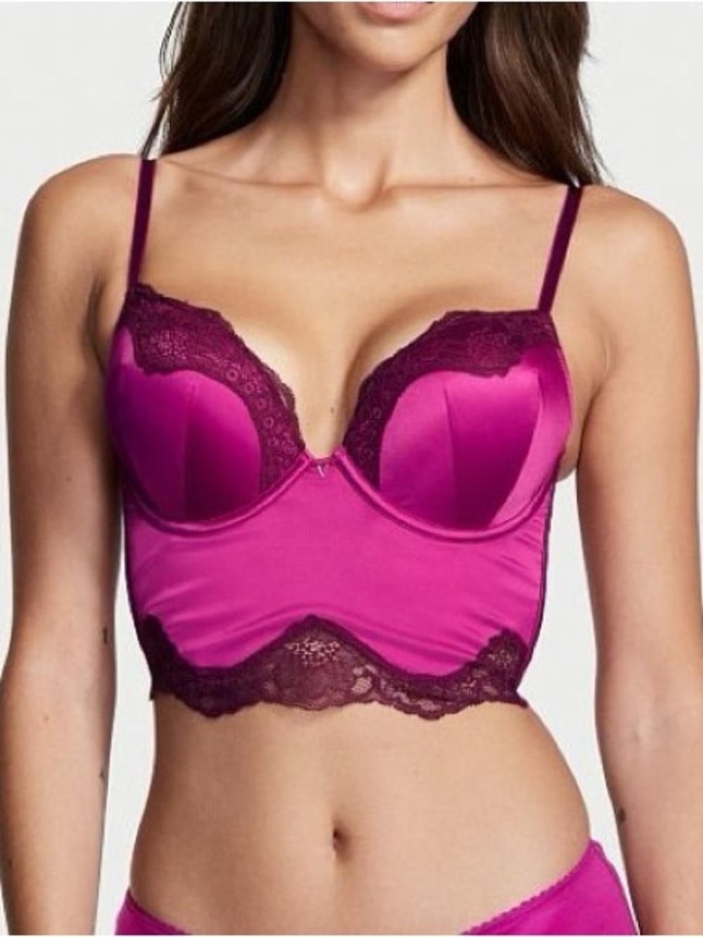 Victoria's Secret Raspberry Satin Longline Bombshell Bra Top with Lace Trim - Picture 2 of 7